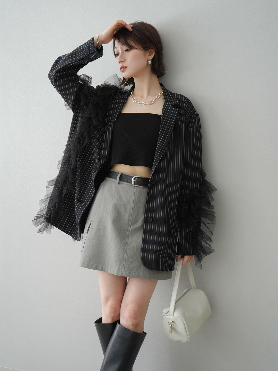 [予約]アシンメトリーチュールストライプジャケット/black