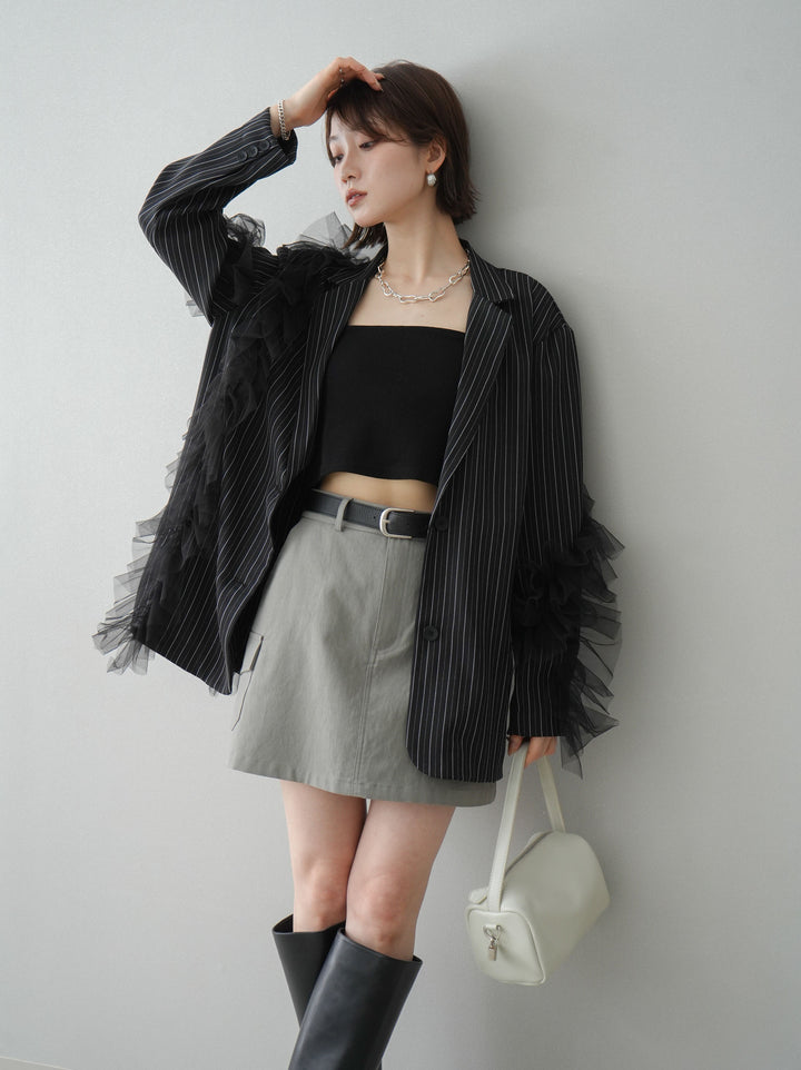 [予約]アシンメトリーチュールストライプジャケット/black