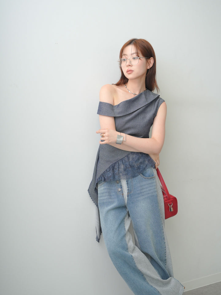[SET]アシンメトリーラッフルレースヘムトップス+デニム切替スウェットパンツ(2set)