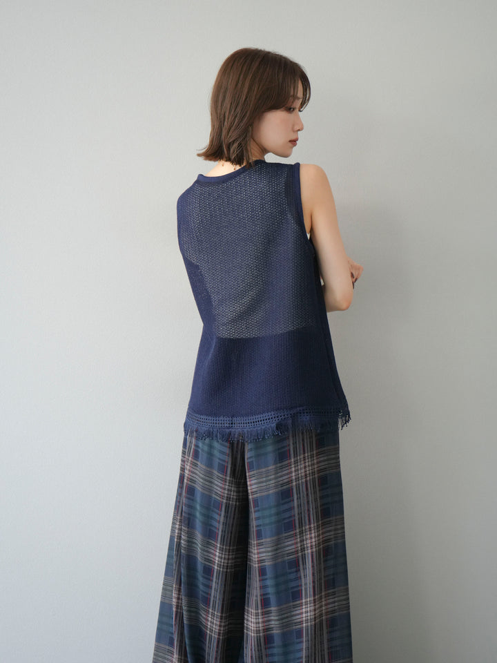 [予約]裾フリンジVネックニットタンクトップアンサンブル/ネイビー