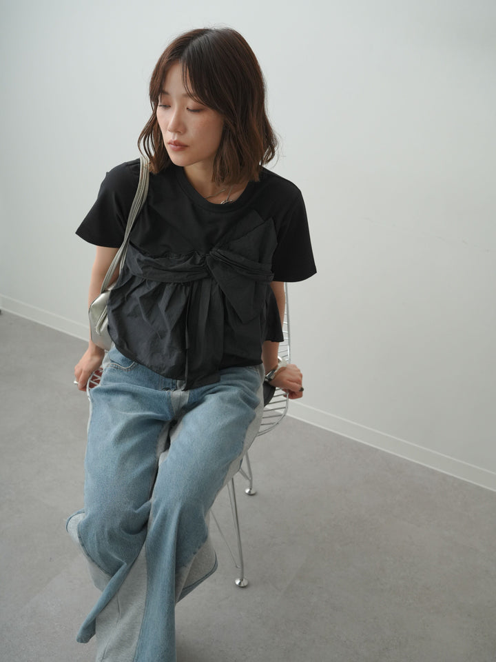 [SET]ナイロンドッキングツイストTEE +デニム切替スウェットパンツ(2set)