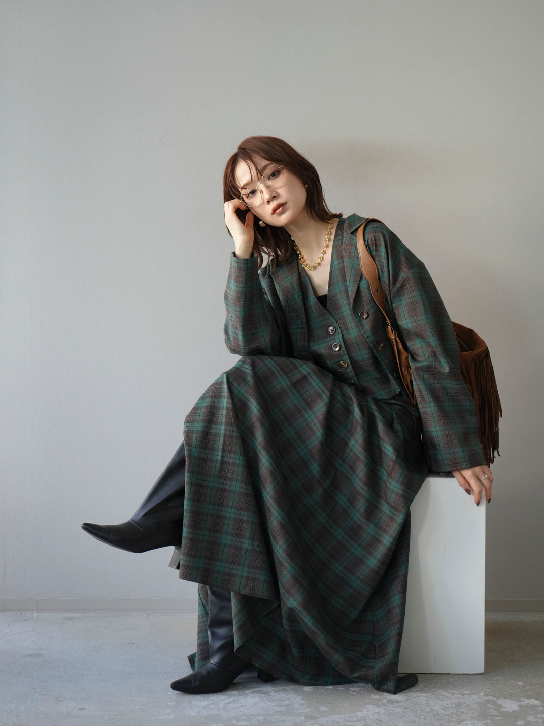 [SET]チェック柄ショートジャケット+チェック柄ベスト+チェック柄タックフレアスカート(3set)