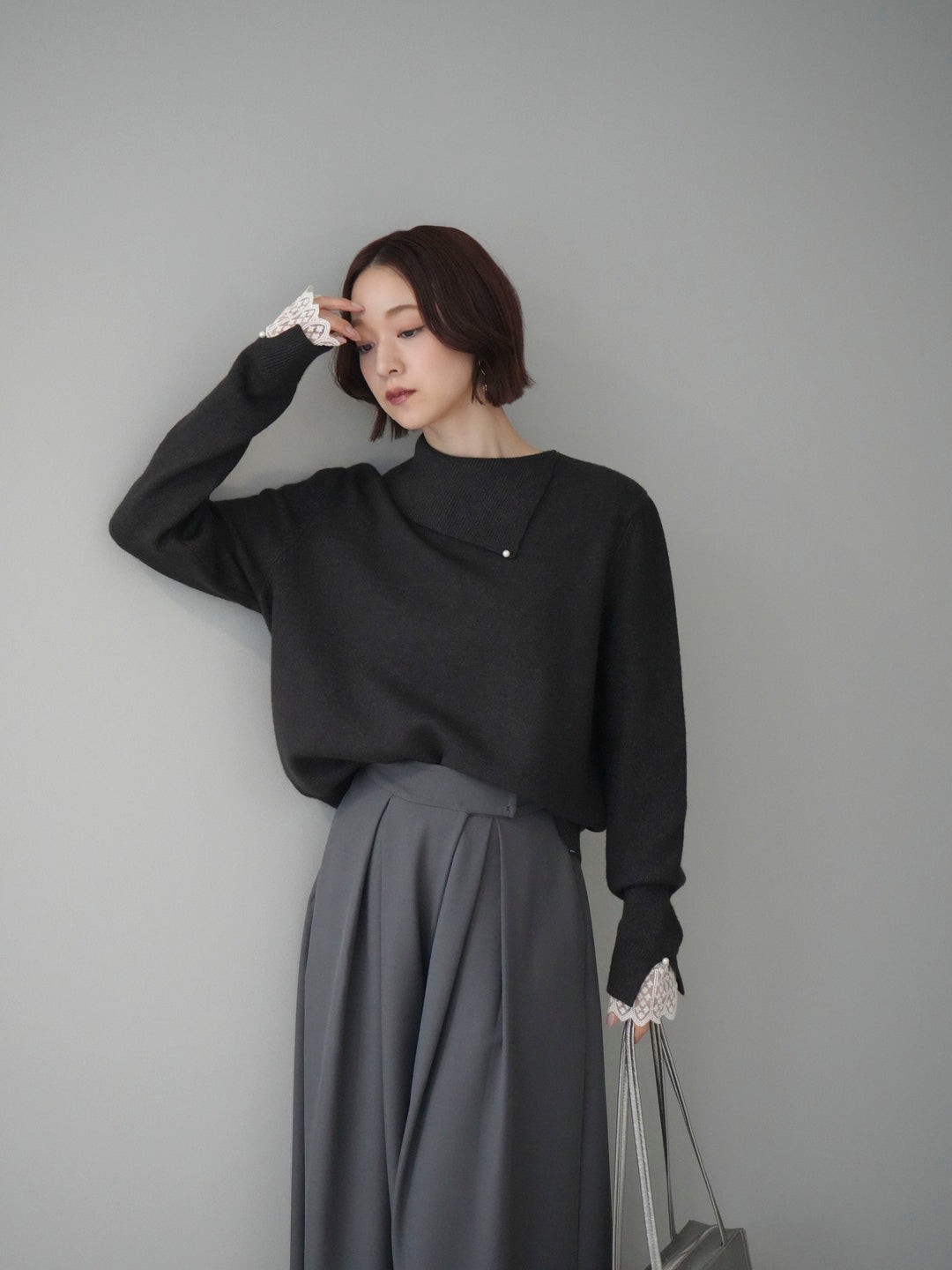 [SET]袖レースパール付き配色ニットトップス+テープベルトタックバギーパンツ(2set)