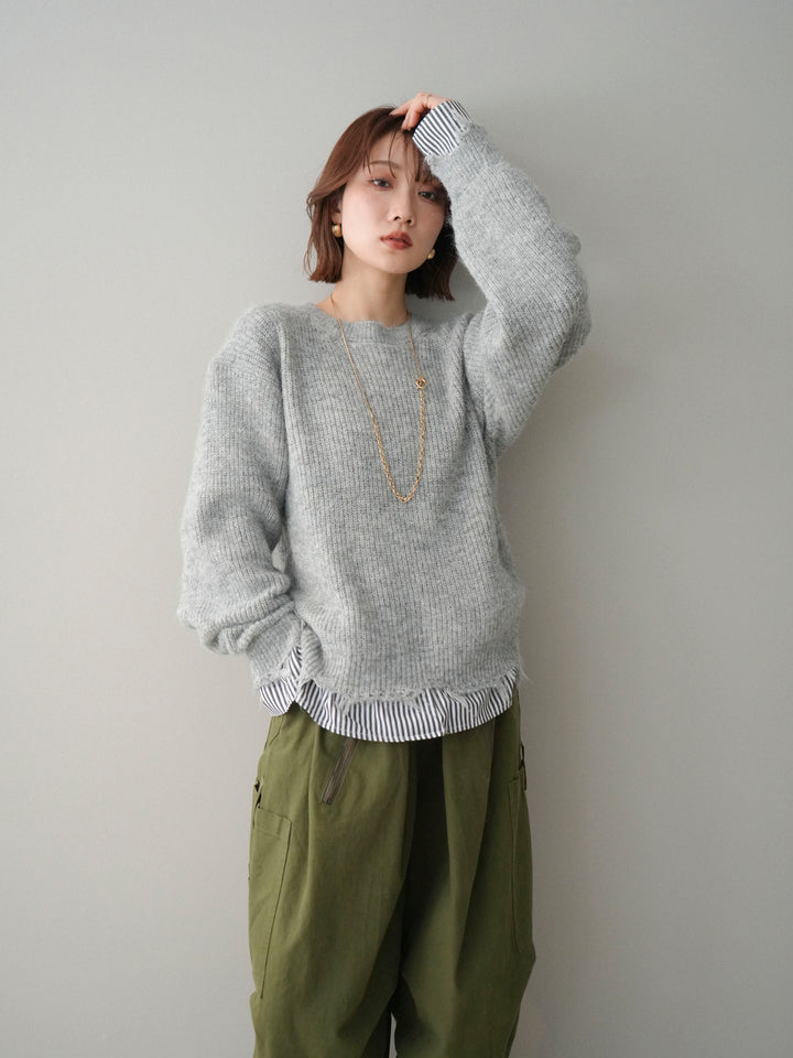 [SET]裾シャツレイヤードダメージニットプルオーバー+裾シャツレイヤードダメージニットプルオーバー(2set)