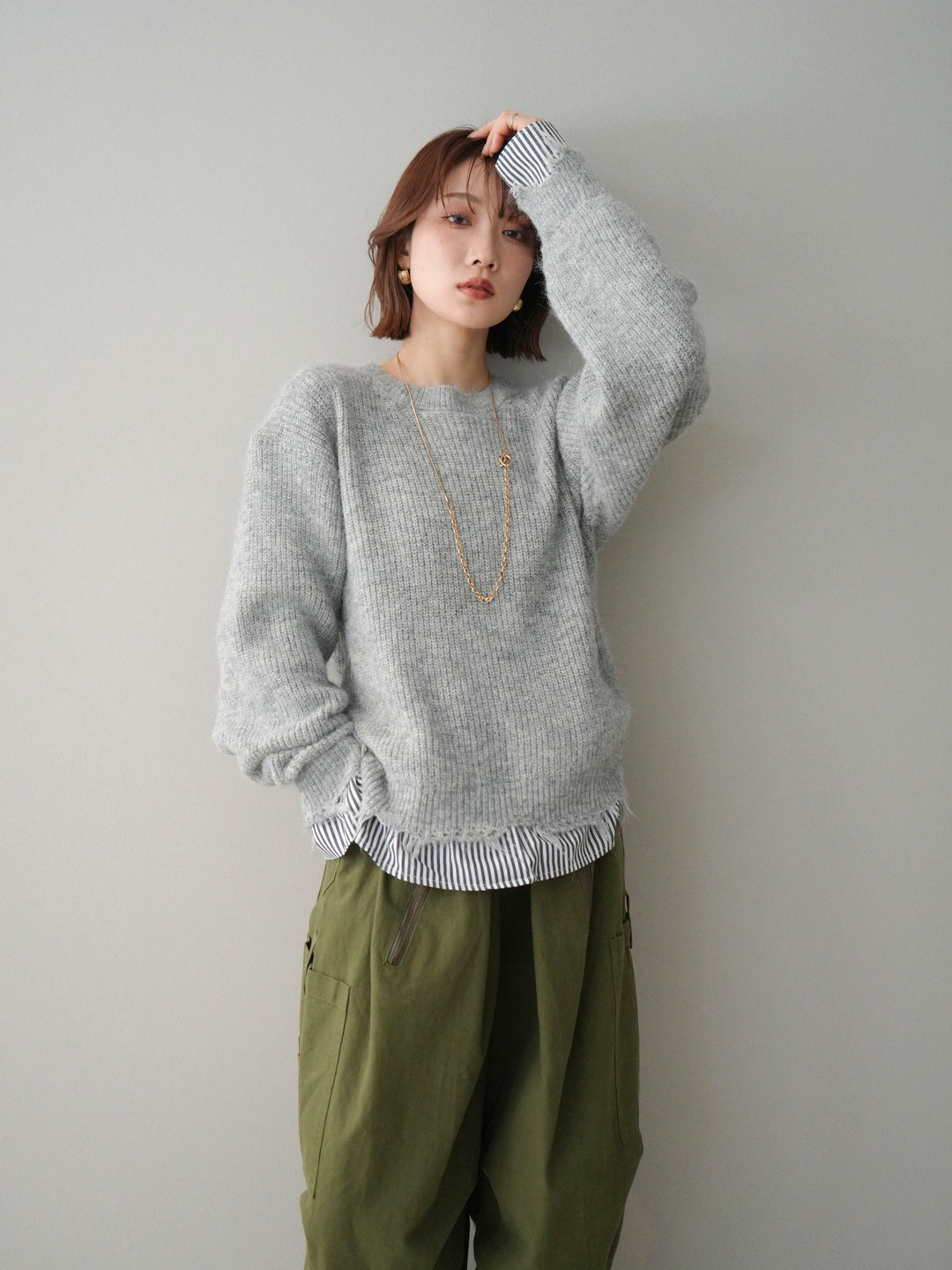 [予約]裾シャツレイヤードダメージニットプルオーバー/lightgrey