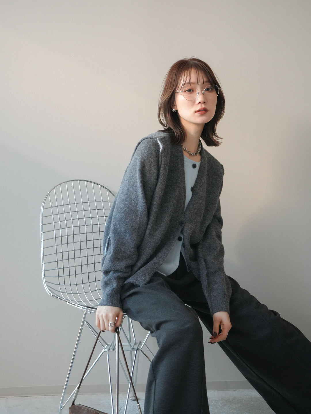 [予約]配色レイヤードニットカーディガン/gray