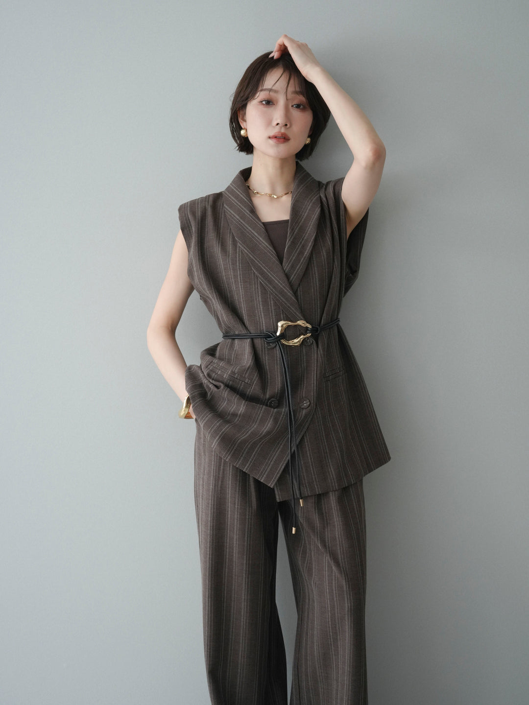 [SET]モチーフベルト付ストライプジレ＆パンツSETUP