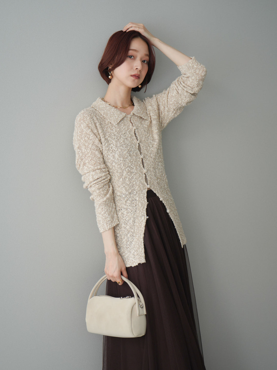 [予約]透かし編みブークレポロニットトップス/beige