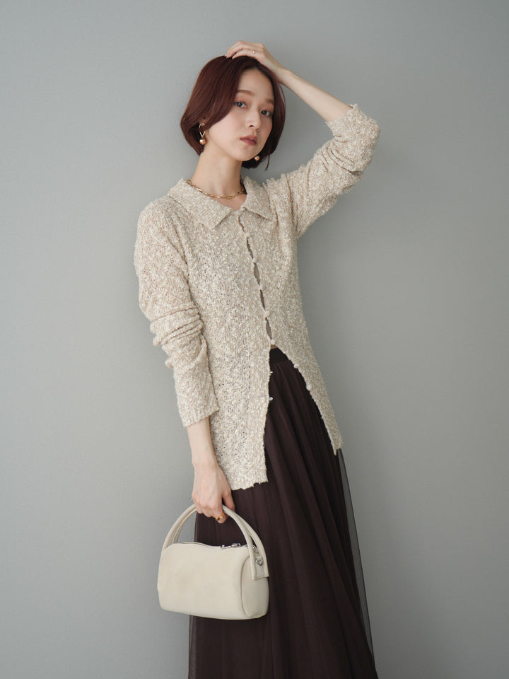 [予約]透かし編みブークレポロニットトップス/beige