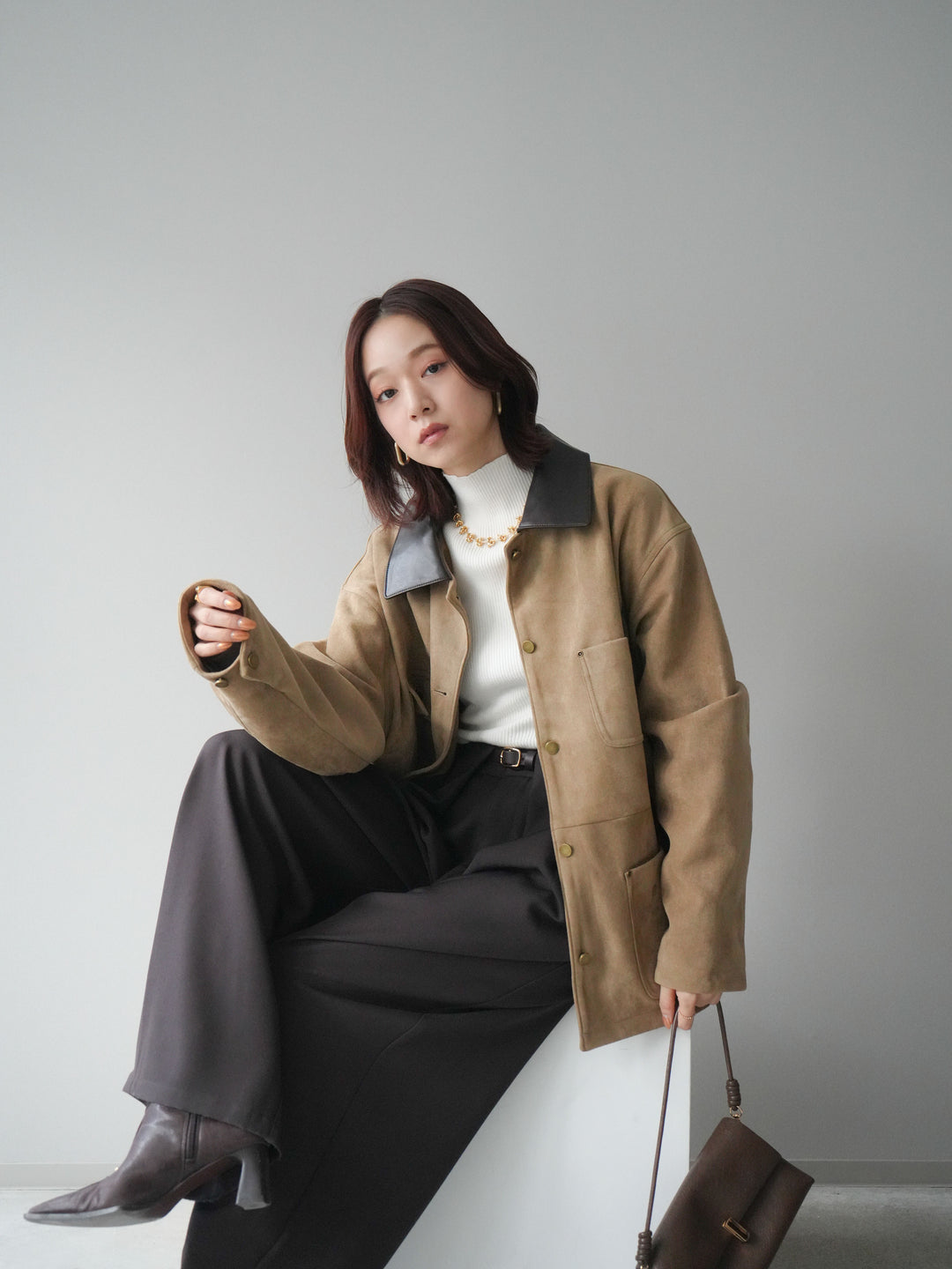 [SET]襟レザーステンカラースエードジャケット+袖ボタンボトルネックリブニットトップス+ベルトループデザインワイドパンツ(3set)