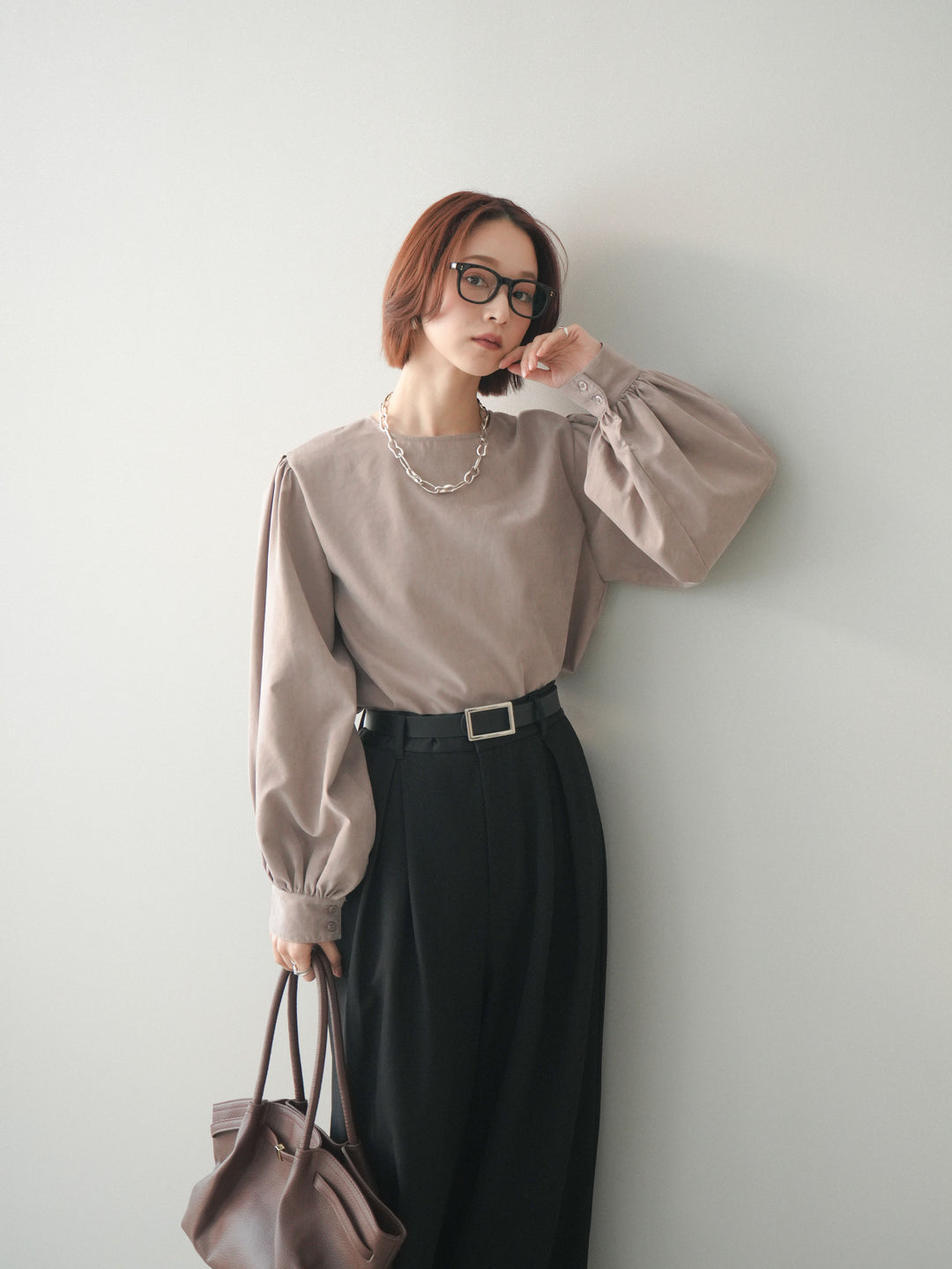 [予約]2WAYピーチスキンボリュームスリーブブラウス/mocha