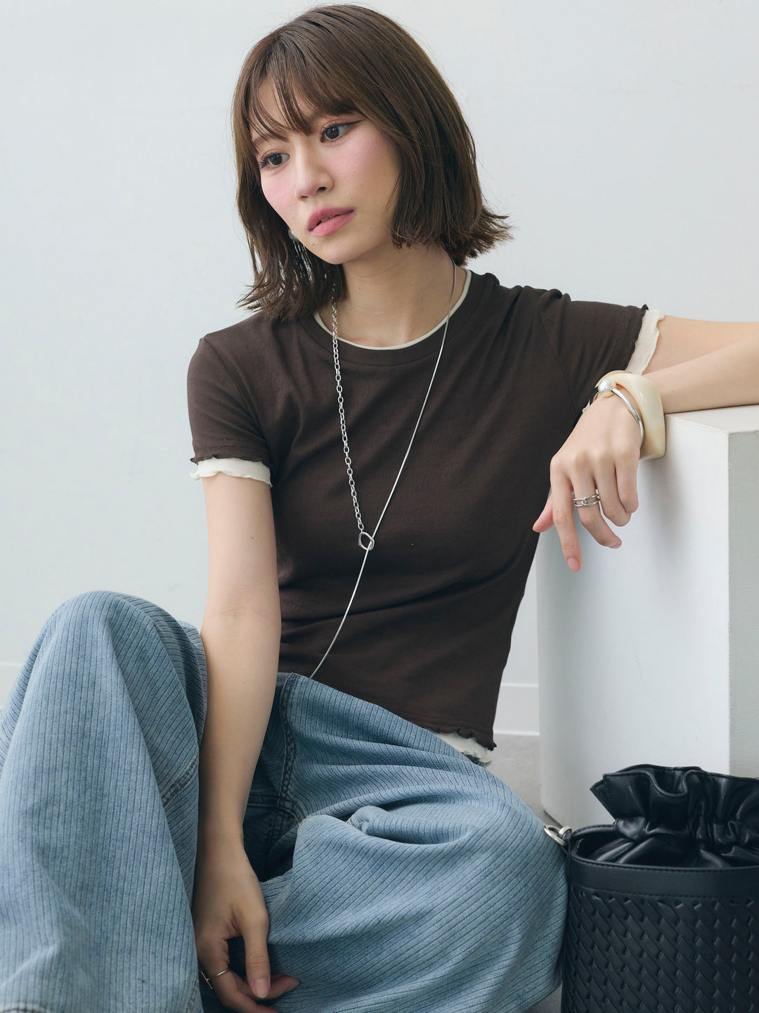 [SET]メロートリムレイヤードTEE+ニュアンスウォッシュカーブデニム(2set)