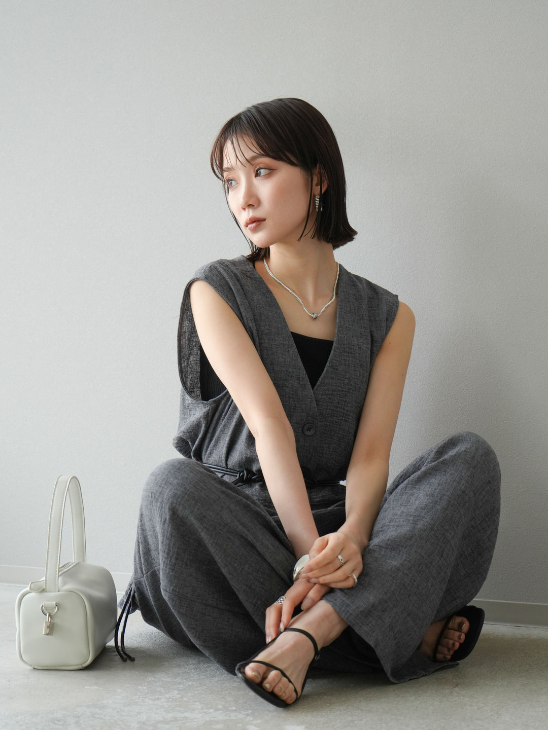 [SET]ベルト付リネンタッチベスト＆ワイドパンツSET UP(2set)