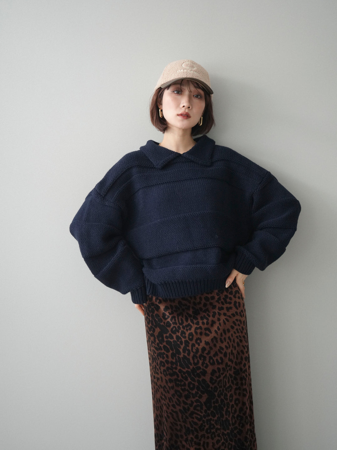 [予約]襟付きボーダー編みニットプルオーバー/navy