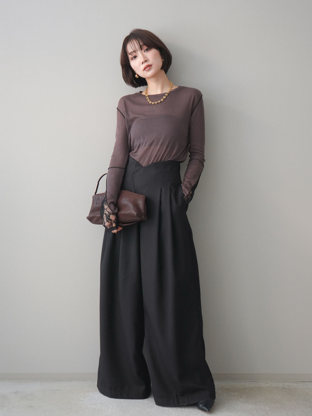 [予約]袖レースレイヤードデザインメロートップス/brown