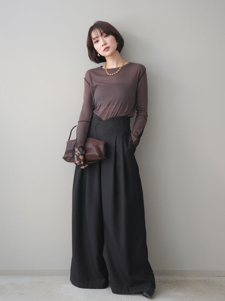 [予約]袖レースレイヤードデザインメロートップス/brown