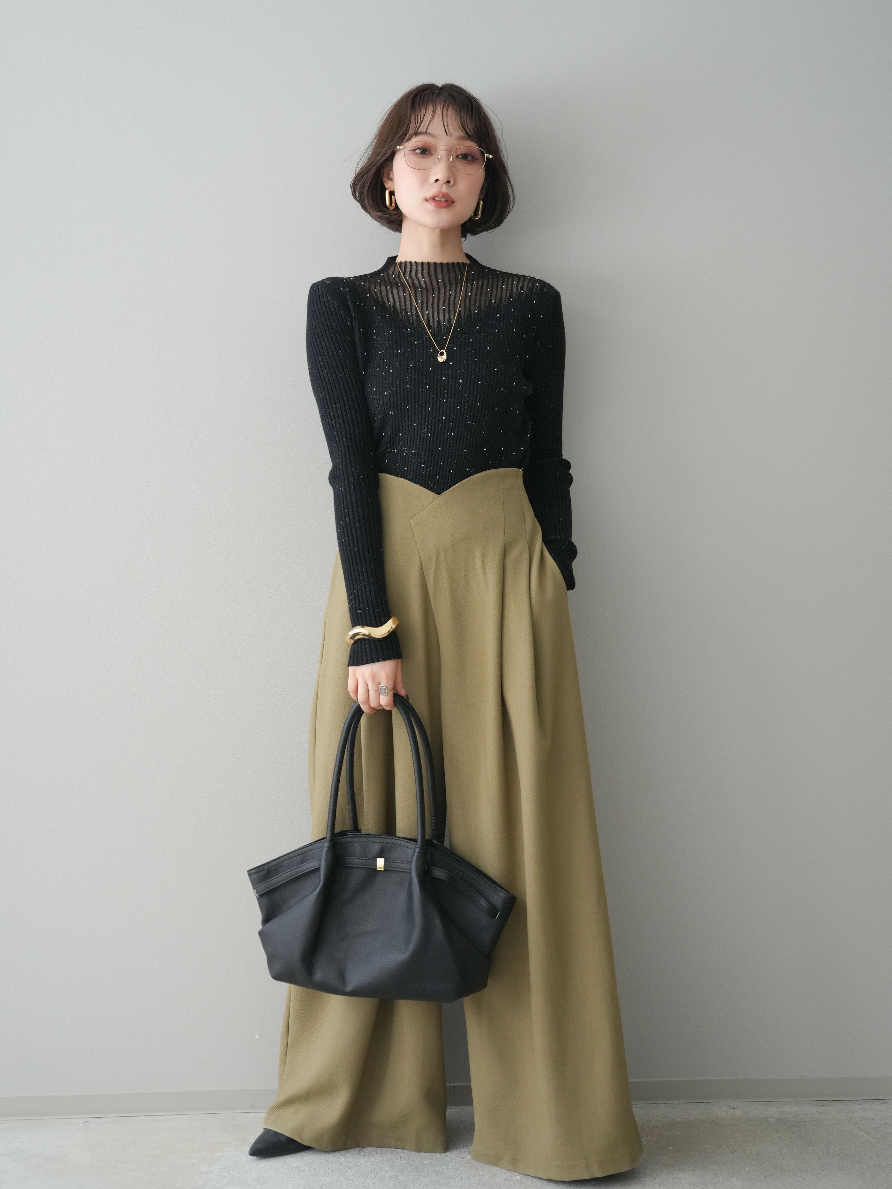 【セット】Lumier デザインハイウエストワイドパンツ スパンコールリブニット トップス