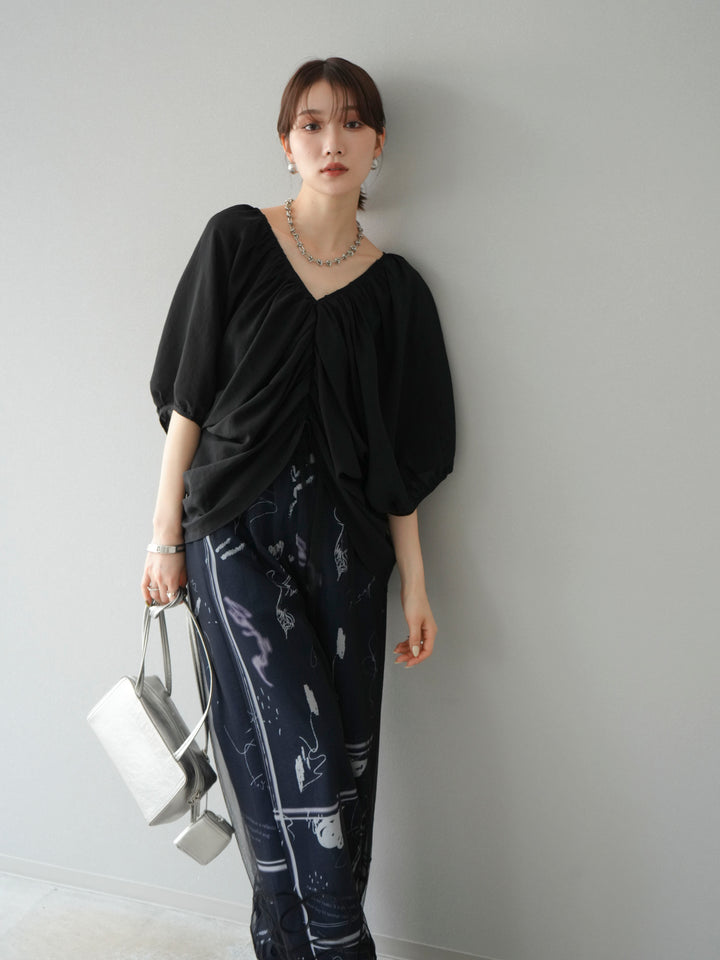 [SET]ボリュームスリーブシアータックブラウス+コード刺繍チュールレイヤードパンツ(2set)