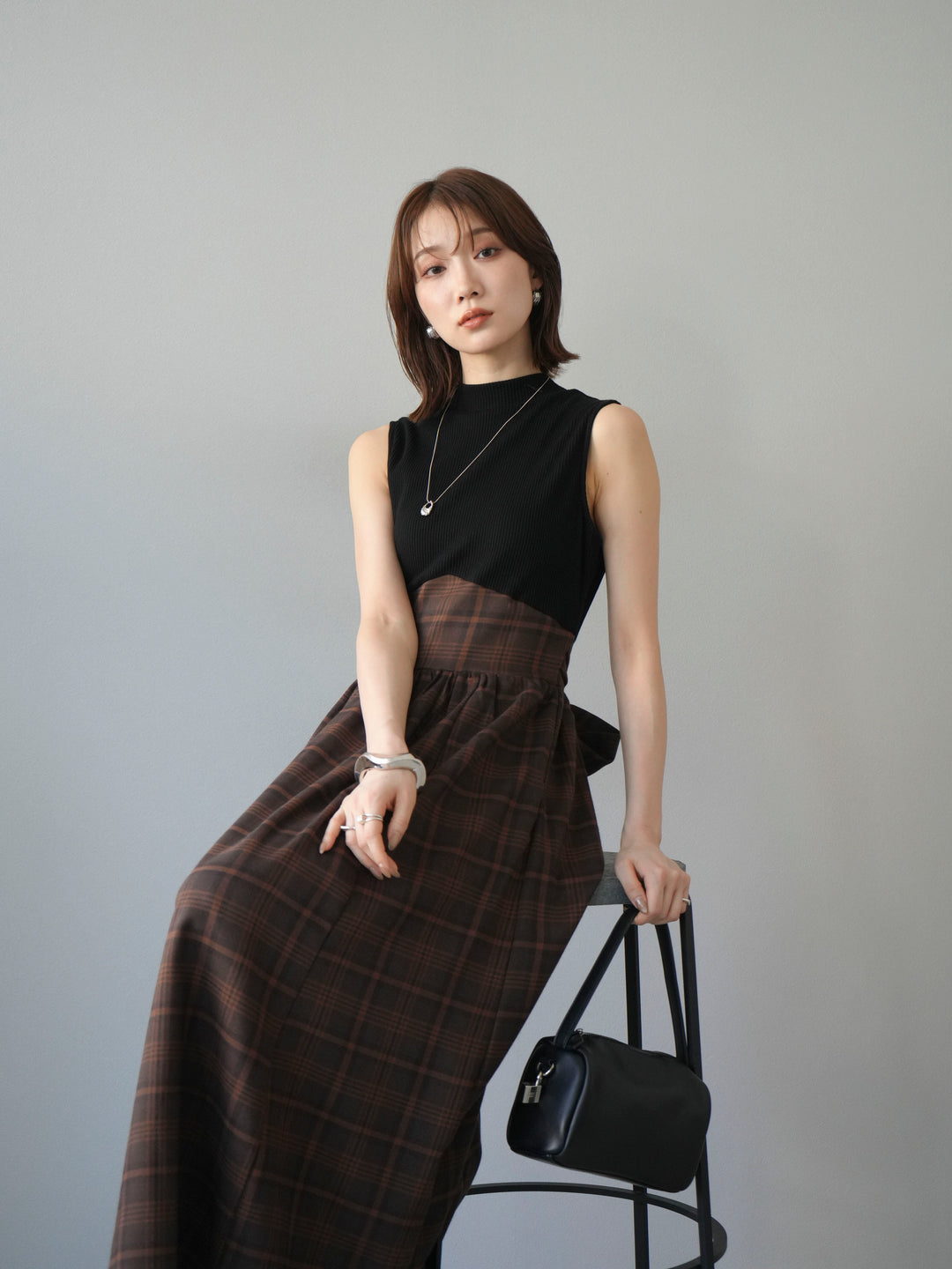 [SET]テレコ×チェックドッキングノースリワンピース+選べるアクセセット(2set)