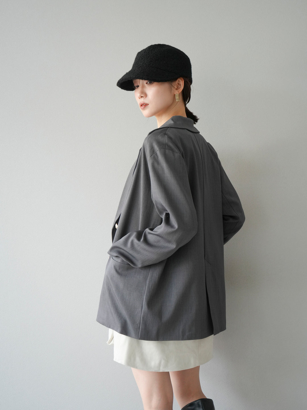 [SET]ゴールドボタンツイルダブルテーラードジャケット+ショルダーポーチ付スウェードミニワンピース(2set)