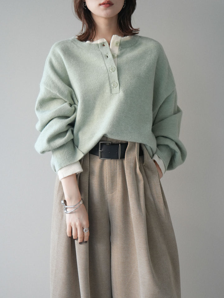 [予約]ヘンリーネック配色レイヤードニットプルオーバー/mint