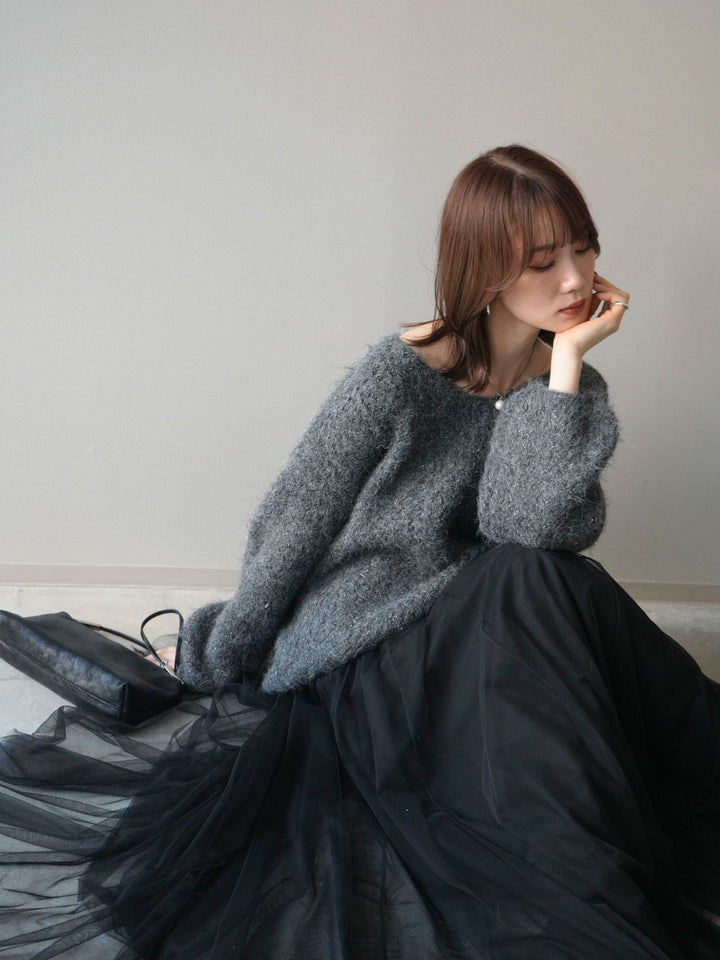 [SET]ウールタッチラメミックスヤーンVネックニットプルオーバー+チュールボリュームスカート(2set)