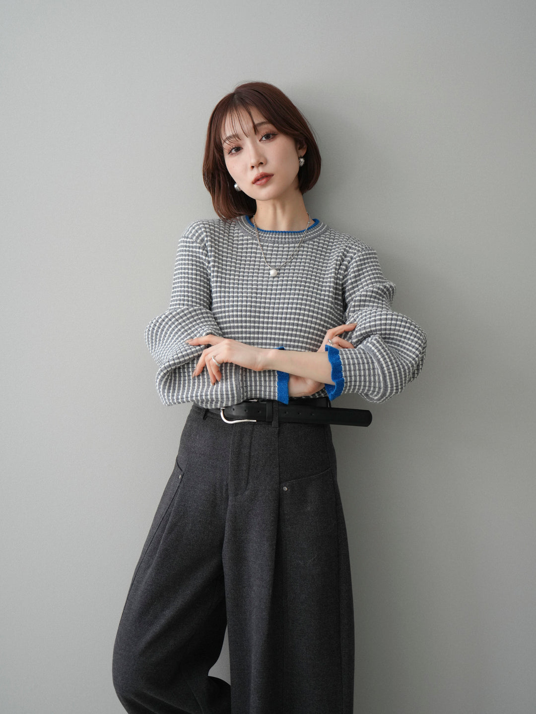 [予約]ラメ異素材ボーダーリブニットプルオーバー/charcoal×blue