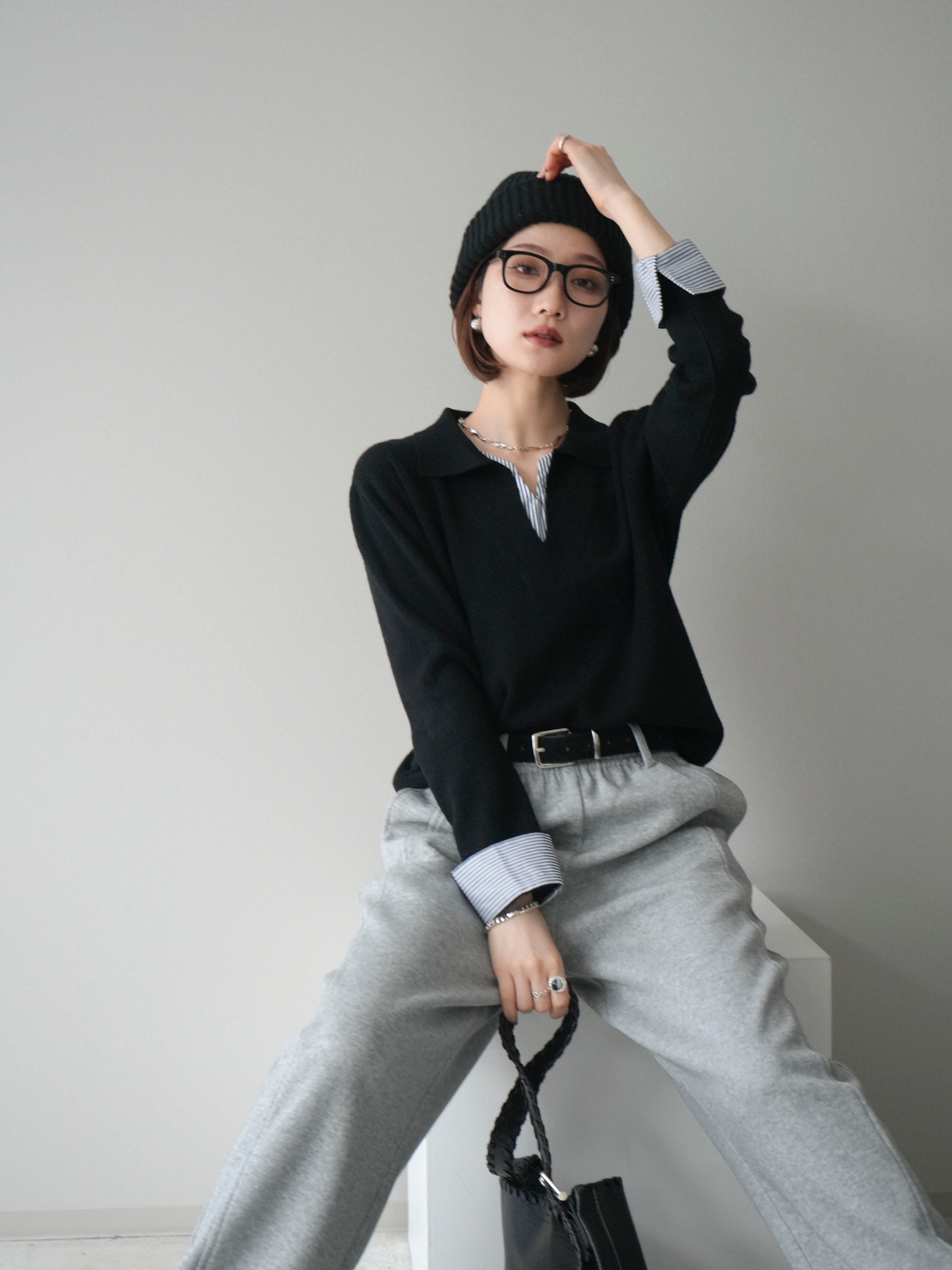 予約]シャツレイヤードスキッパーニットプルオーバー/black – Lumier