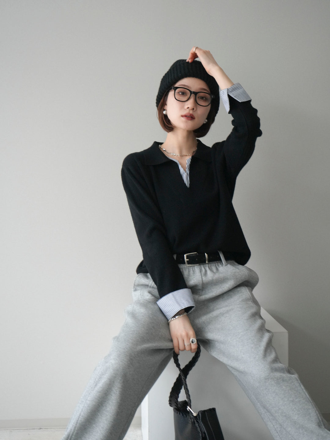 [予約]シャツレイヤードスキッパーニットプルオーバー/black