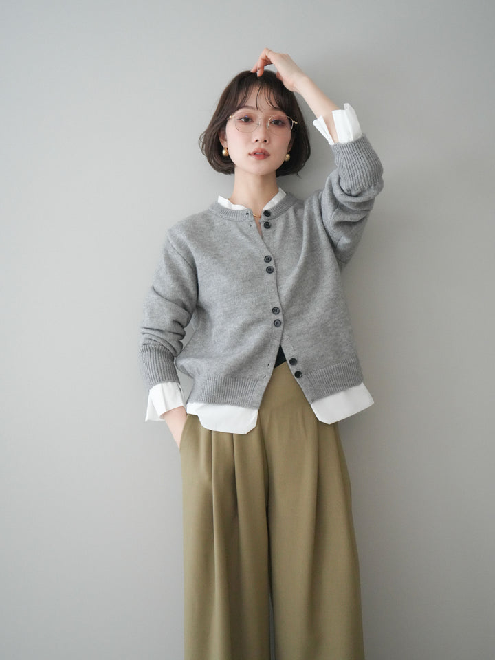 【預購】梭織布料對接針織開襟衫/淺灰色