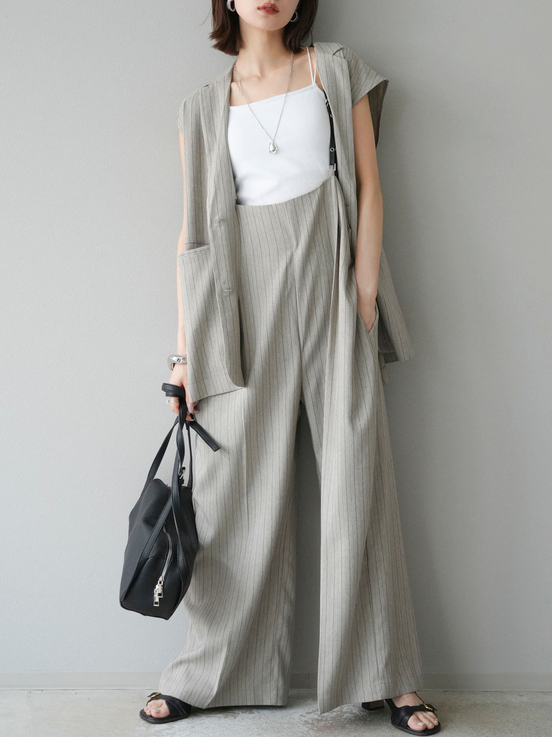 【着回しセット】[SET]ヘリンボーンストライプジレ+シアー切替ベロアトップス+ヘリンボーンストライプサロペット(3set)