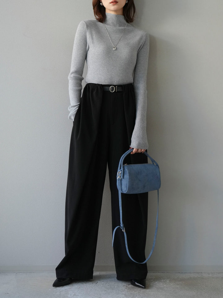 [予約]袖ボタンボトルネックリブニットトップス/杢グレー