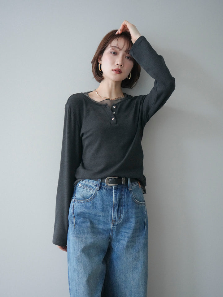 [予約]チュールレイヤードヘンリーネックカットソー/charcoal