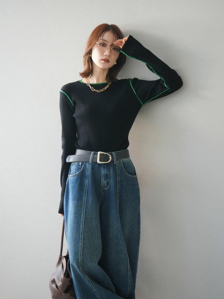 [予約]バイカラークルーネックリブニットトップス/black