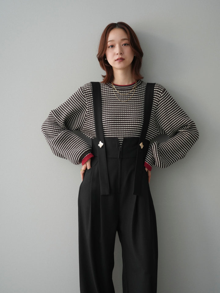 [SET]ラメ異素材ボーダーリブニットプルオーバー+ゴールドボタンサスペンダーワイドパンツ(2set)