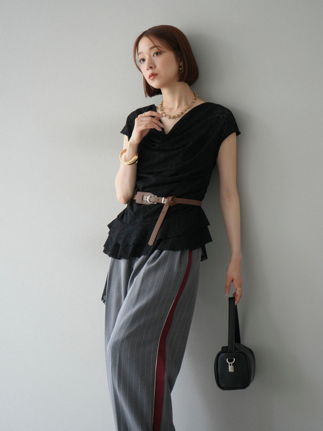 [予約]サイドラインストライプワイドパンツ/グレー