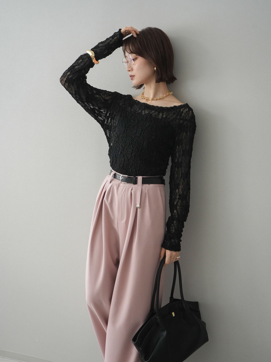 [SET]サイドギャザーレーストップス+サイドギャザーレーストップス(2set)