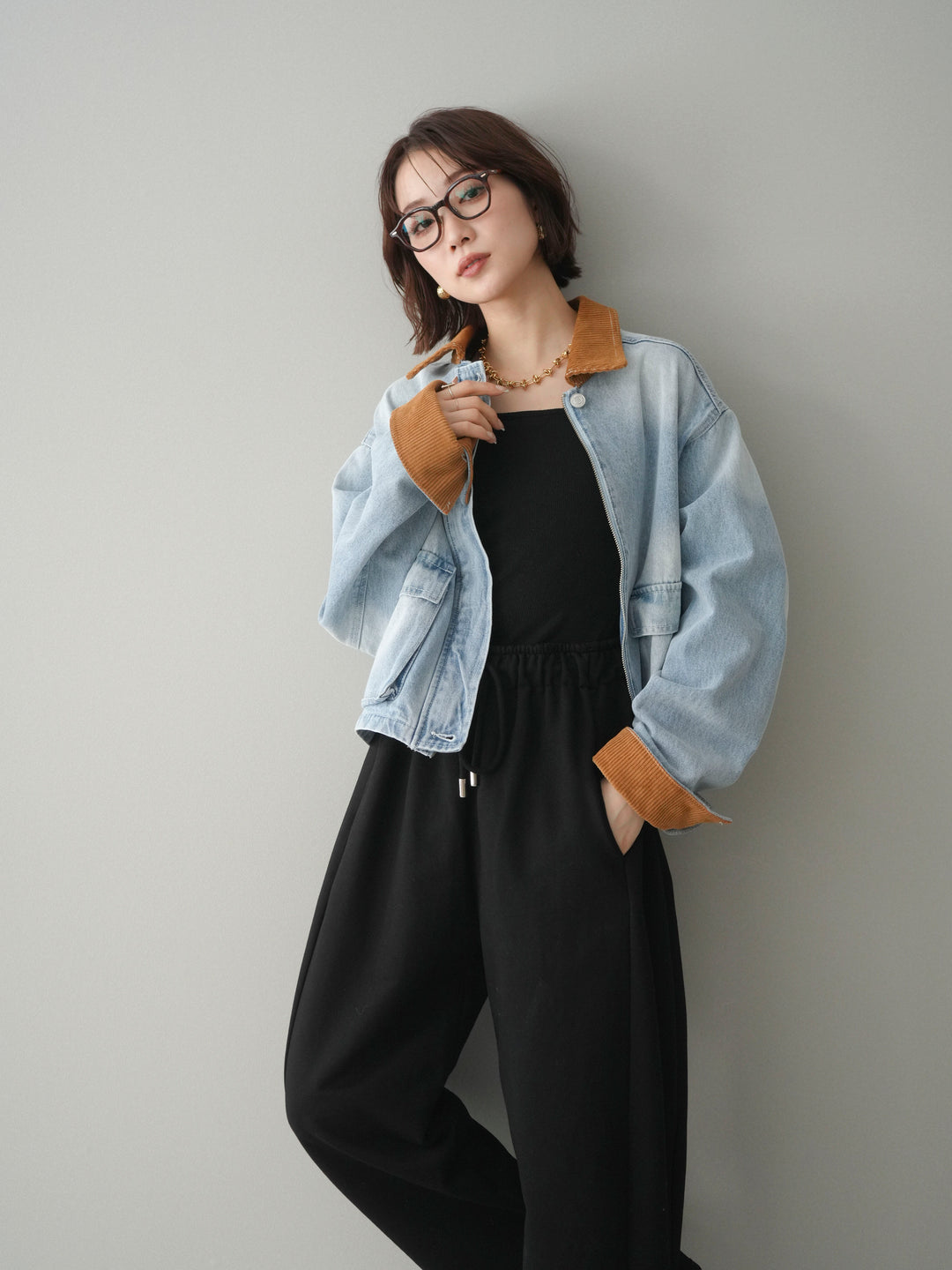 [予約]コーデュロイ×デニムショートカバーオール/bleach