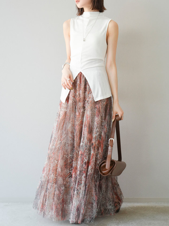 [予約]ニュアンス柄チュールレイヤードプリーツスカート/ブラウン