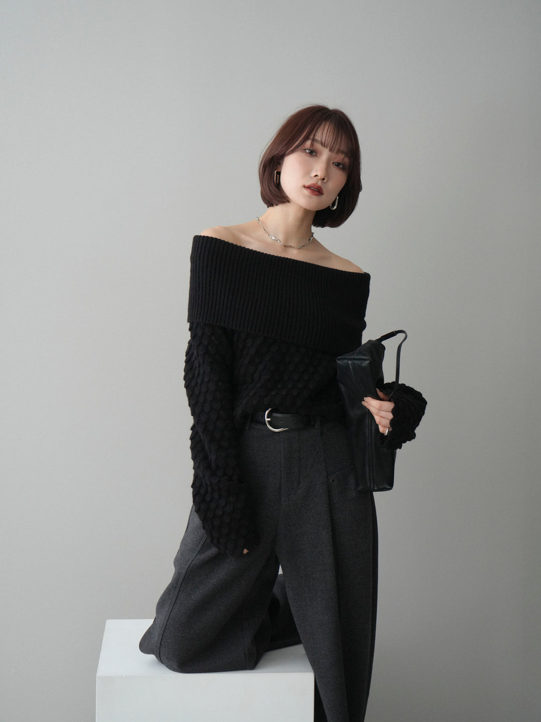 [SET]ポコポコ編みオフショルニットプルオーバー+選べるアクセセット(2set)