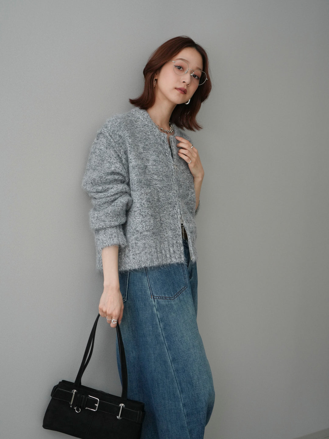 [SET]ミックスヤーンダブルZIPニットカーディガン+ベルト付裏起毛カーブデニムパンツ(2set)