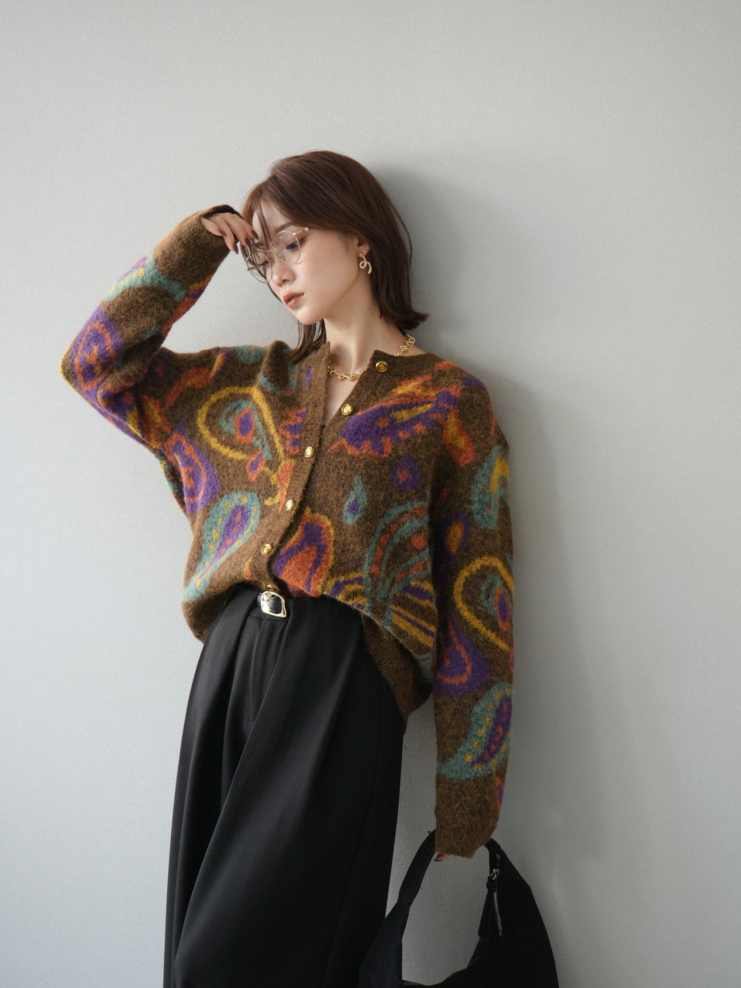 [予約]ミックスヤーンペイズリー柄ニットカーディガン/ブラウン