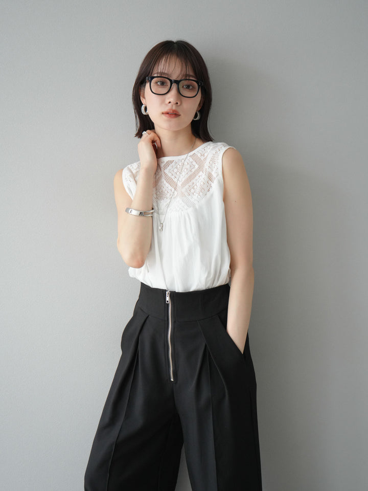 [予約]インド製コットンレース切替ノースリブラウス/オフ