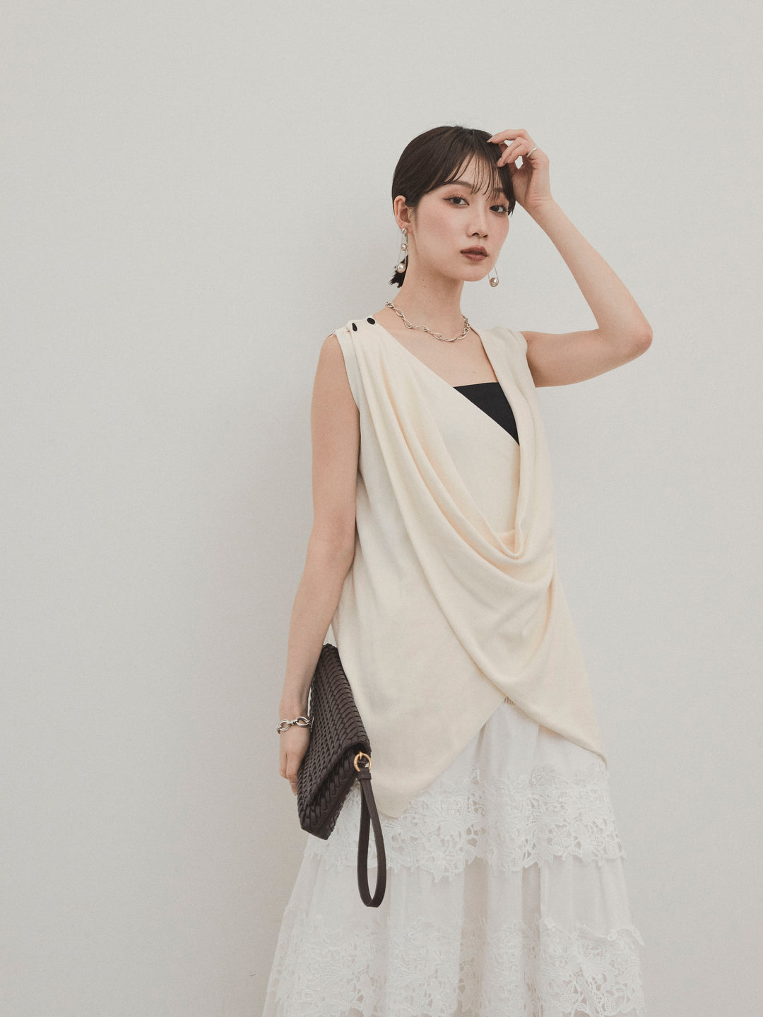 [SET]ドライタッチドレープニットプルオーバー+スカラップレースロングスカート(2set)