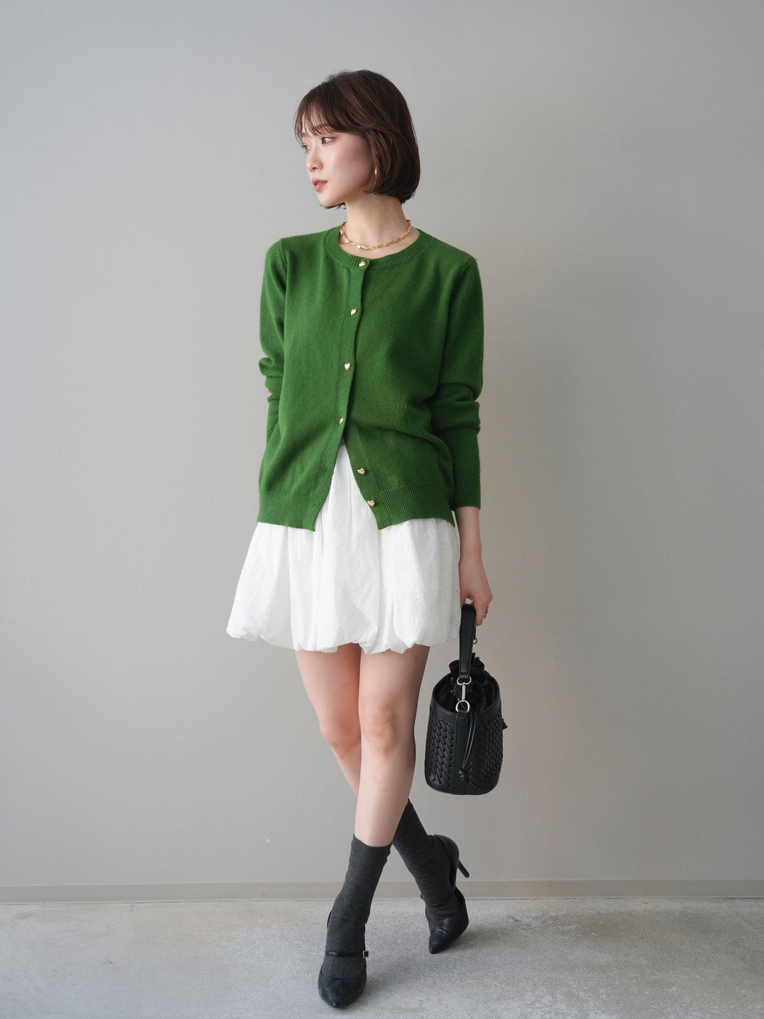 [SET]ハートボタンニットカーディガン+コットンライクレースバルーンミニスカート(2set)