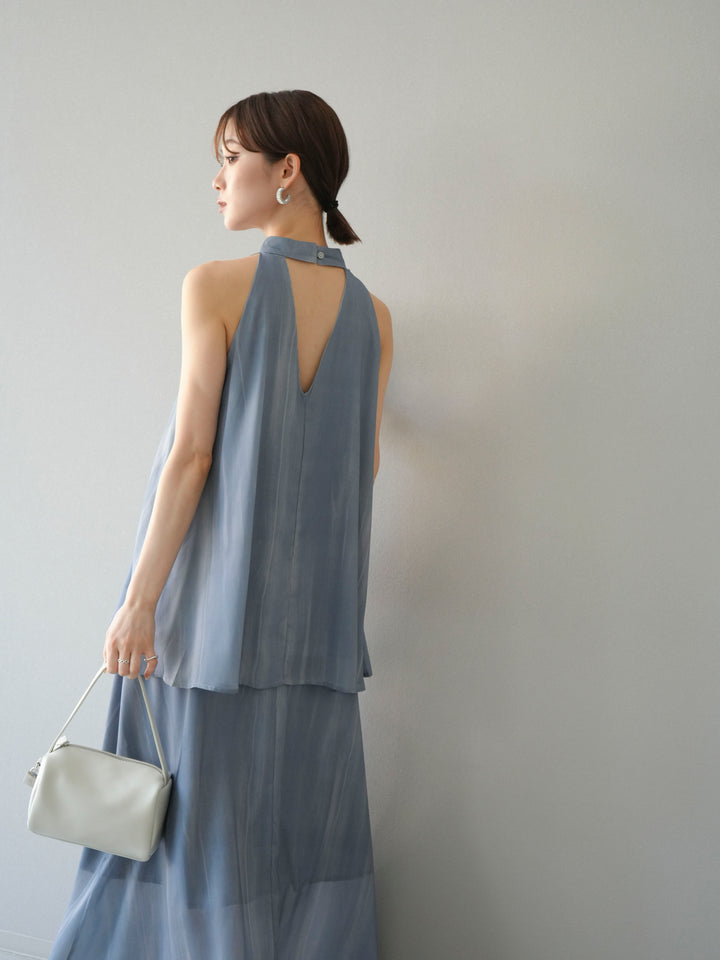 [SET] 細膩花紋V領襯衫＆喇叭裙（2套）