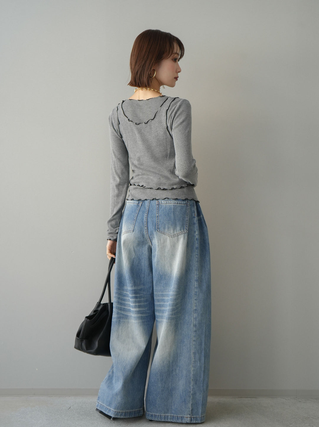 [SET]バイカラーメローアンサンブルシアーニットトップス+フロントポケットサイドタックワイドデニム(2set)