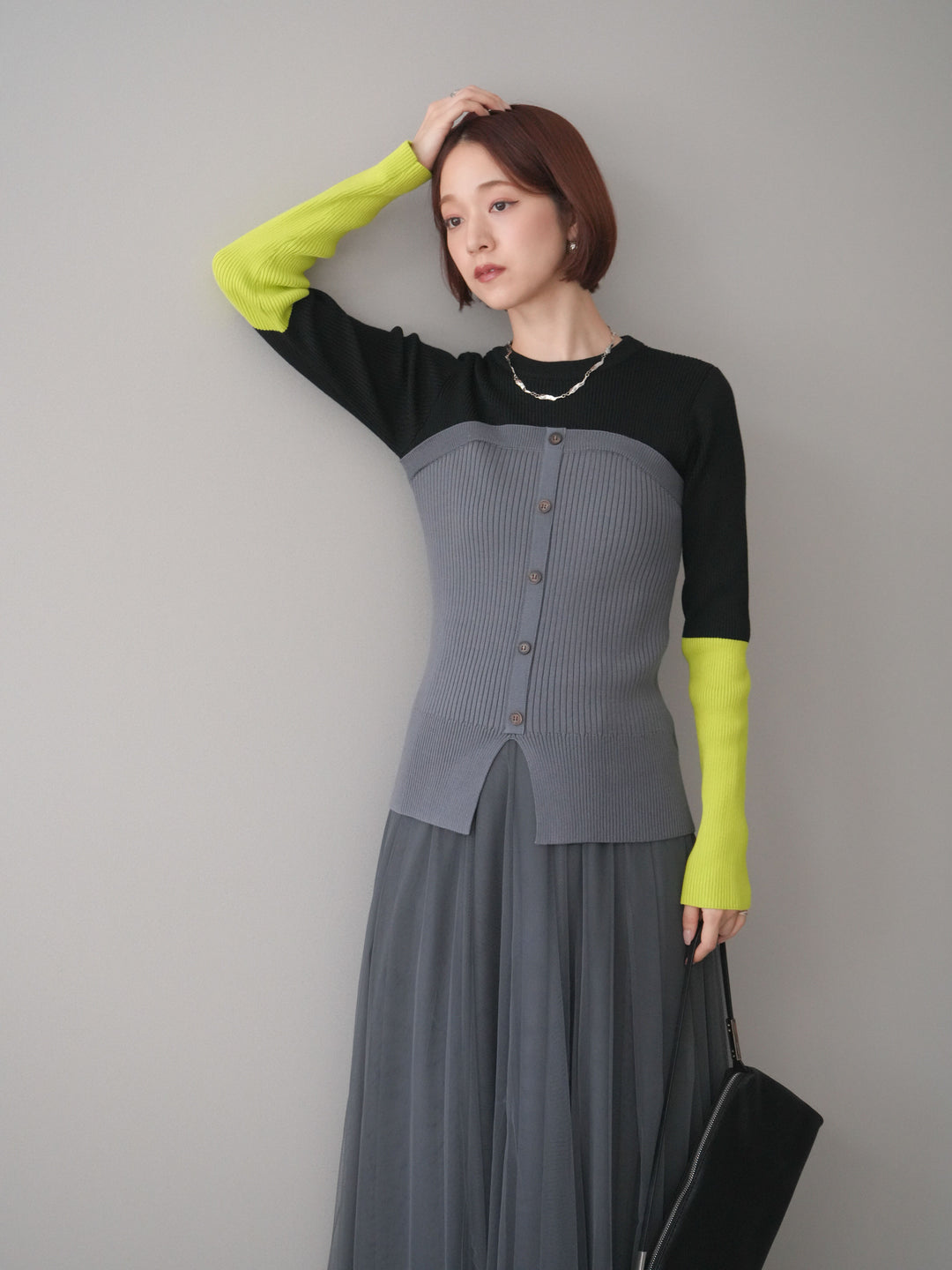 [SET]配色ビスチェドッキングリブニットトップス+選べるアクセセット(2set)