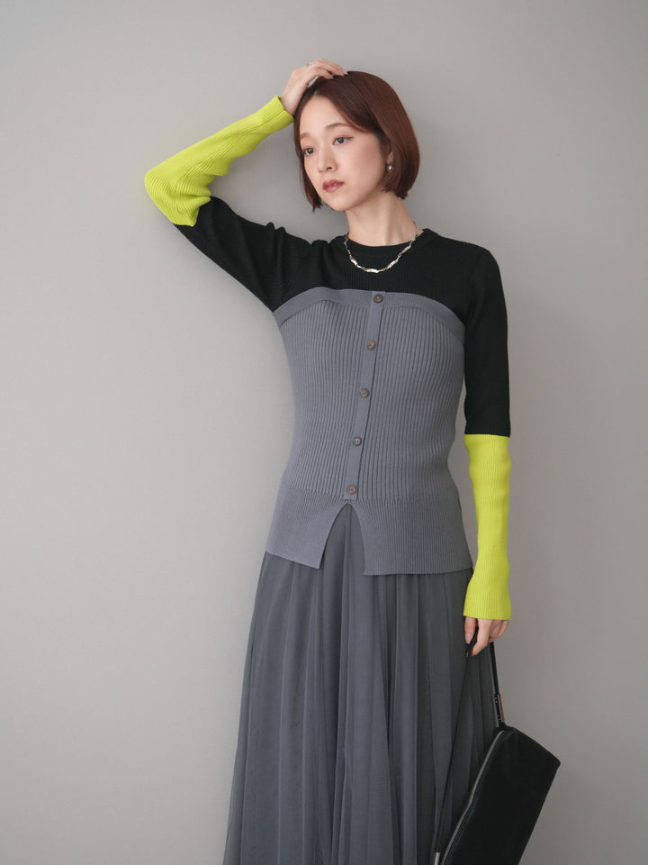 [SET]配色ビスチェドッキングリブニットトップス+選べるアクセセット(2set)