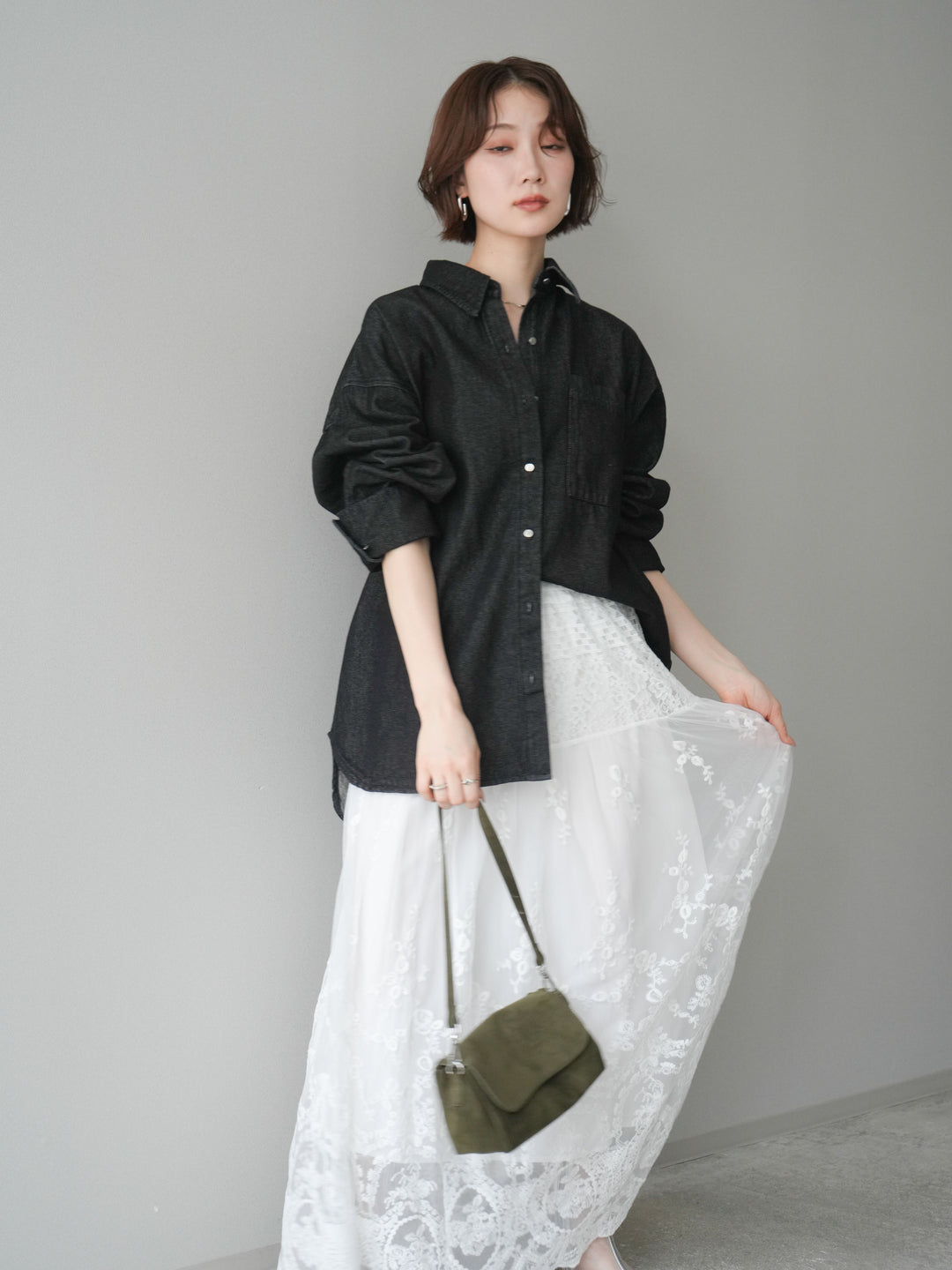 [予約]ポイントレザーオーバーデニムシャツ/black